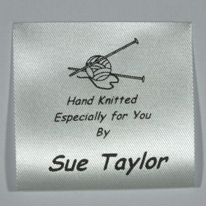 Sew in personalised labels printed in Black on Silvery White material for Knitted items