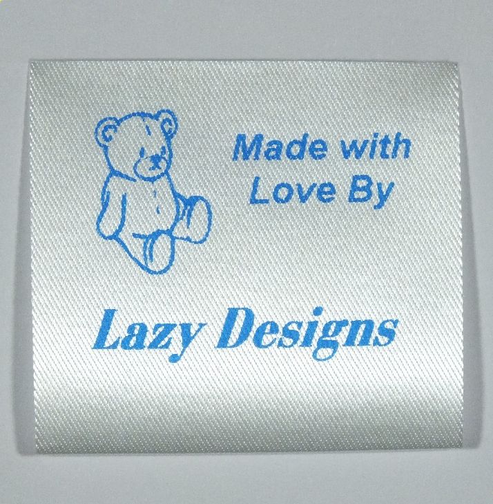 Sew-in Soft toy label printed in Blue on Satin type soft material