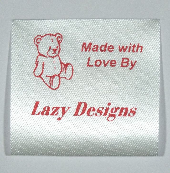 Sew-in Soft toy label printed in Red on Satin type soft material