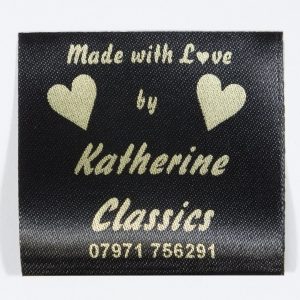 Black made with love custom sew in labels with twin heart design