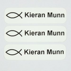 Iron on label with your name and Christian faith symbol.