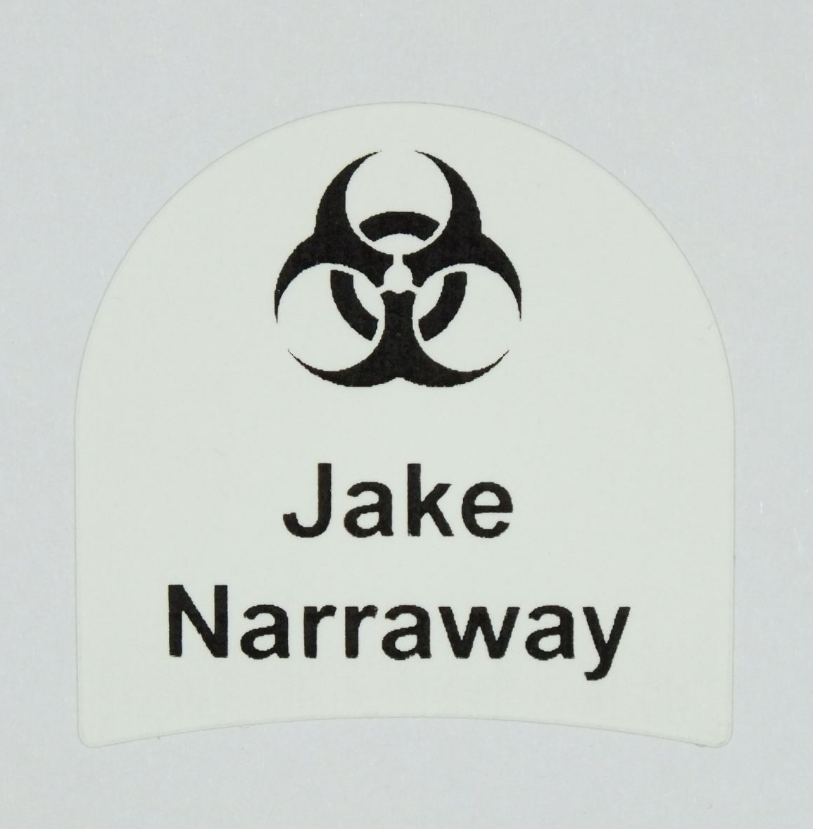 Heel shaped self adhesive shoe labels with fun Biohazard symbol | NameTapes Direct.