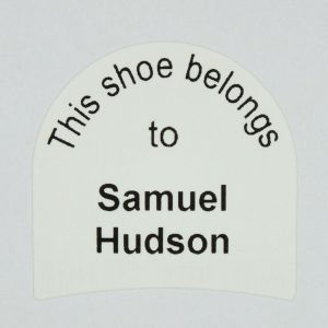 Adult shoe label printed with your name.