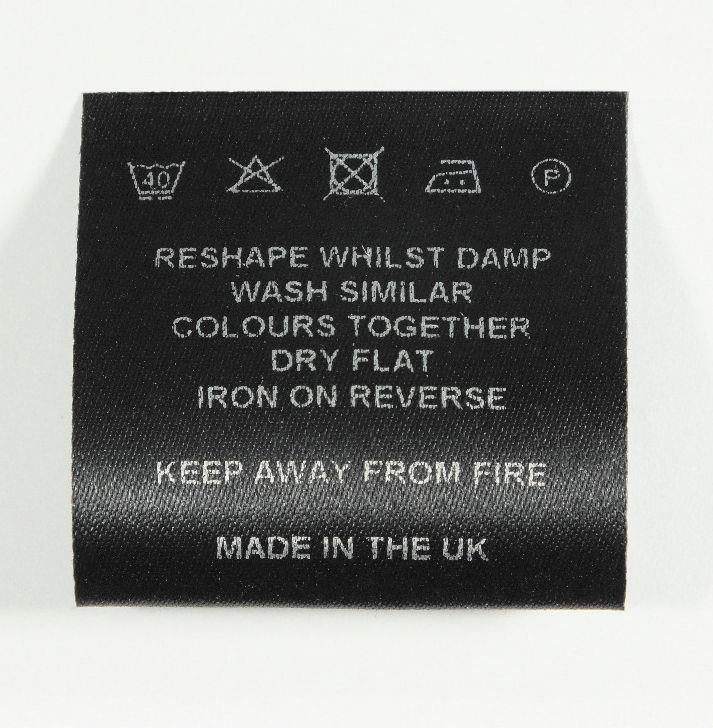 Soft Satin sew in loop fold Black Wash Care Labels 40mm wide.